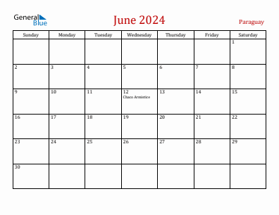 Current month calendar with Paraguay holidays for June 2024