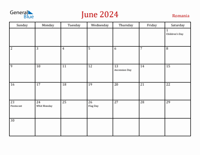Current month calendar with Romania holidays for June 2024