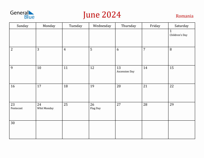 Romania June 2024 Calendar - Sunday Start