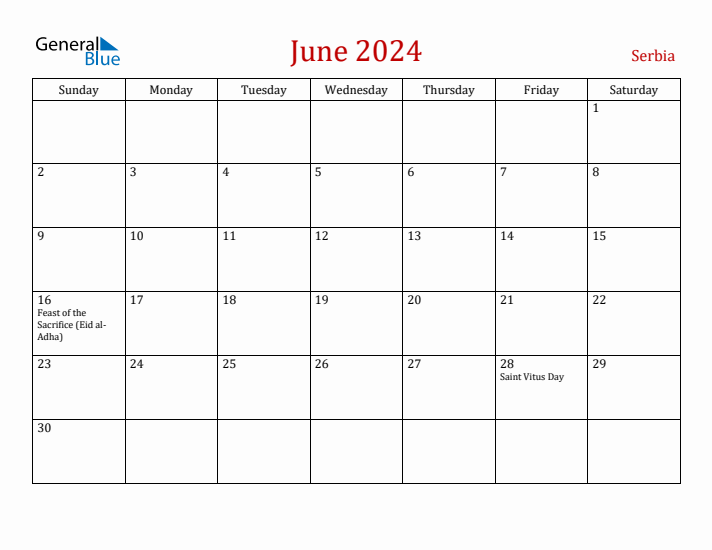 Serbia June 2024 Calendar - Sunday Start