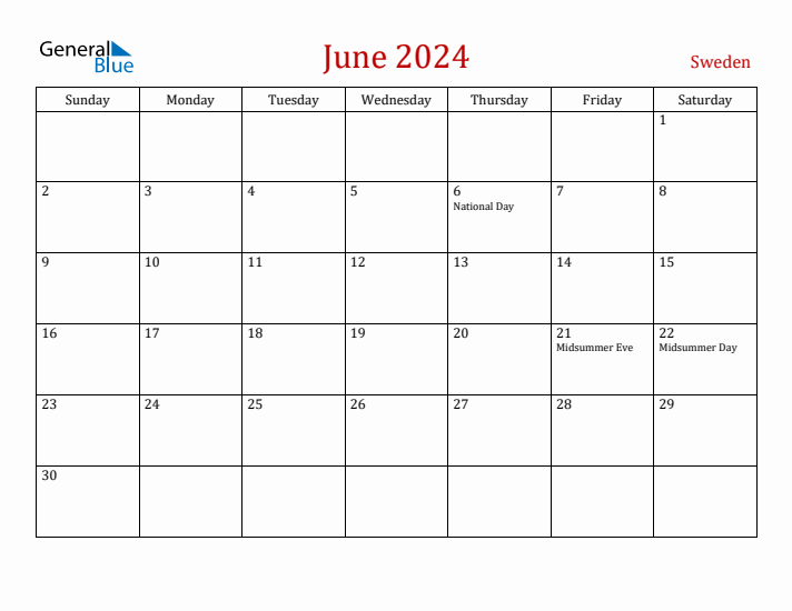 Sweden June 2024 Calendar - Sunday Start