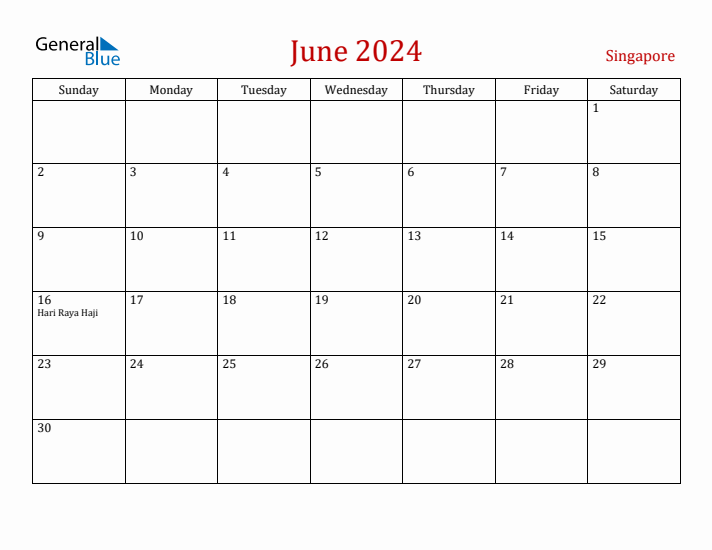 Singapore June 2024 Calendar - Sunday Start