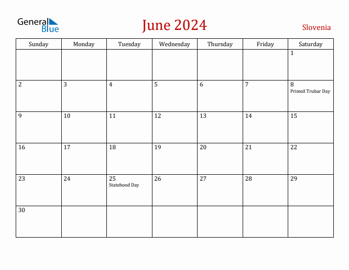 Slovenia June 2024 Calendar - Sunday Start