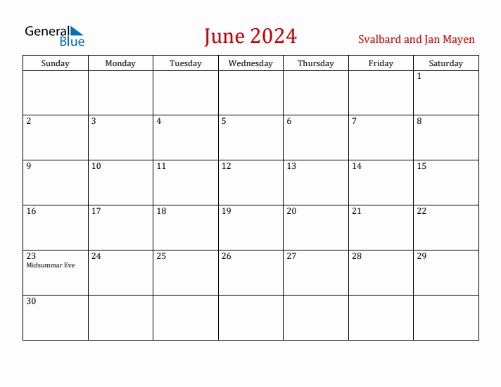 Svalbard and Jan Mayen June 2024 Calendar - Sunday Start