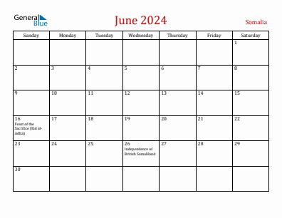 Current month calendar with Somalia holidays for June 2024