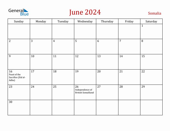 Somalia June 2024 Calendar - Sunday Start