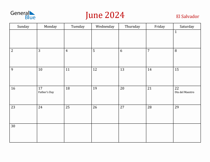 El Salvador June 2024 Calendar - Sunday Start