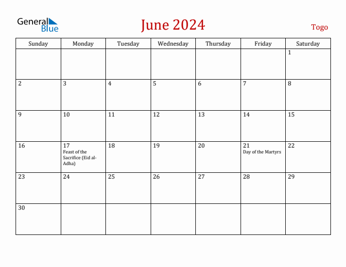 Togo June 2024 Calendar - Sunday Start