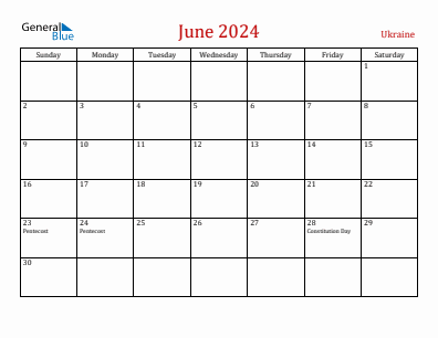 Current month calendar with Ukraine holidays for June 2024