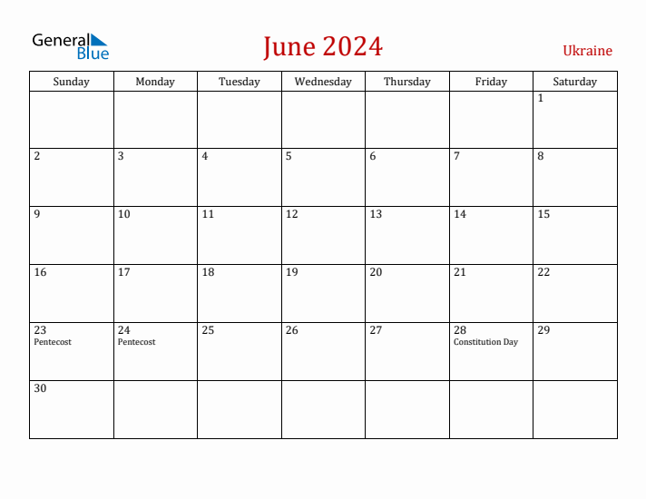 Ukraine June 2024 Calendar - Sunday Start