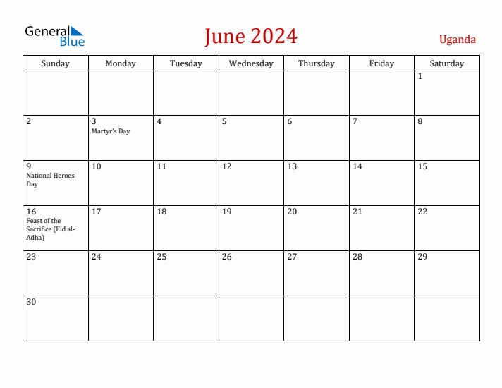 Uganda June 2024 Calendar - Sunday Start