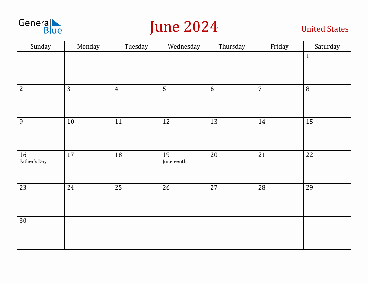 June 2024 United States Monthly Calendar with Holidays
