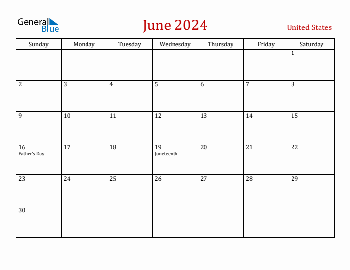 United States June 2024 Calendar - Sunday Start