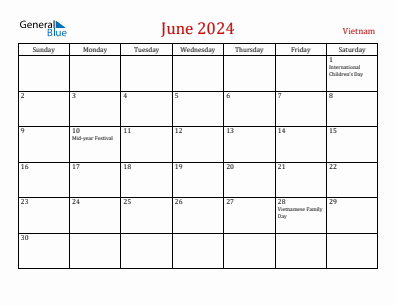 Current month calendar with Vietnam holidays for June 2024