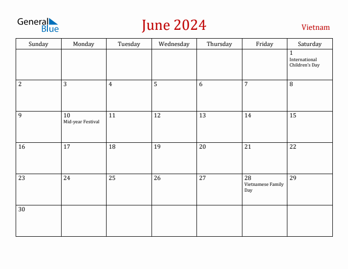 Vietnam June 2024 Calendar - Sunday Start