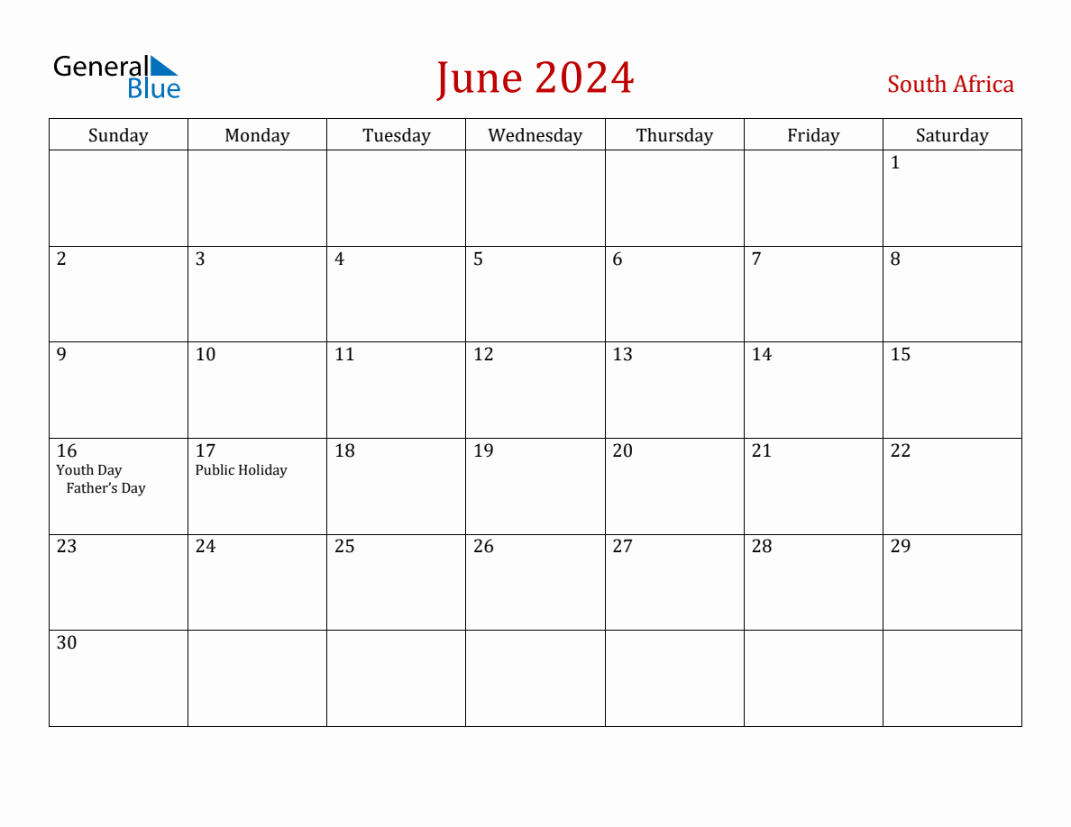 June 2024 South Africa Monthly Calendar with Holidays