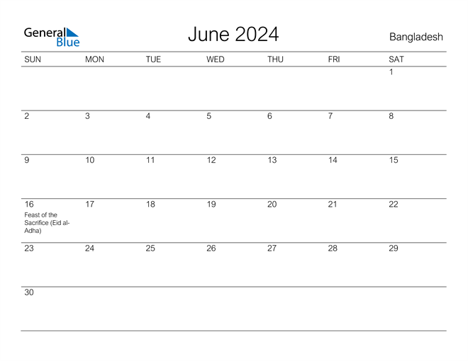 Printable June 2024 Calendar for Bangladesh