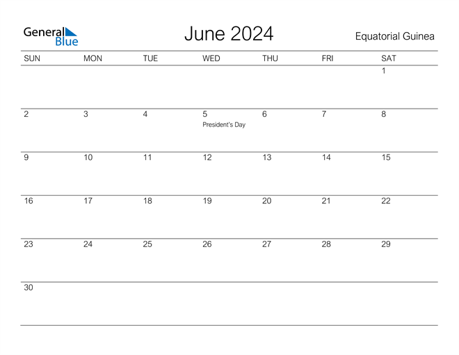 Printable June 2024 Calendar for Equatorial Guinea