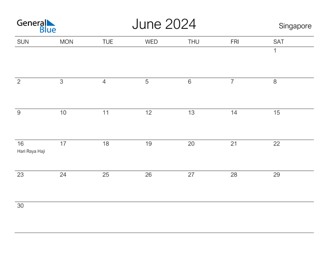 June 2024 Calendar with Singapore Holidays