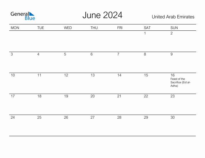 Printable June 2024 Calendar for United Arab Emirates