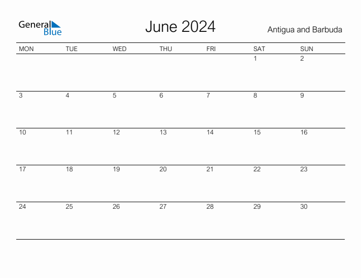 Printable June 2024 Calendar for Antigua and Barbuda