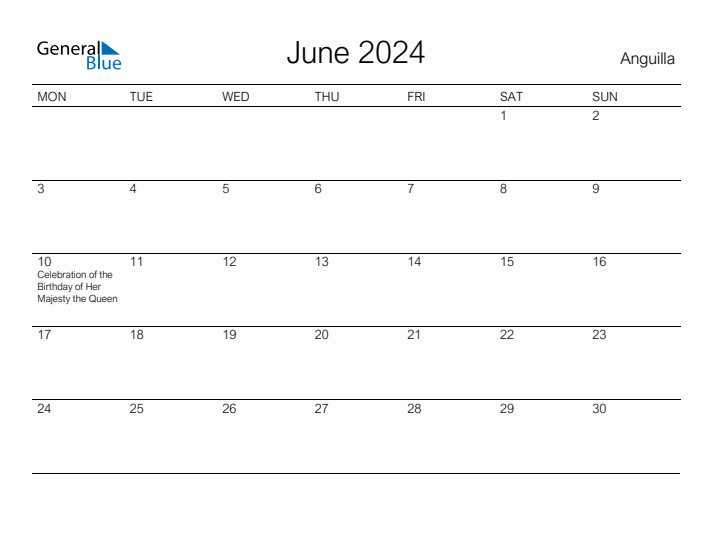 Printable June 2024 Calendar for Anguilla