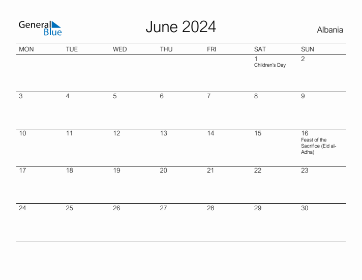 Printable June 2024 Calendar for Albania