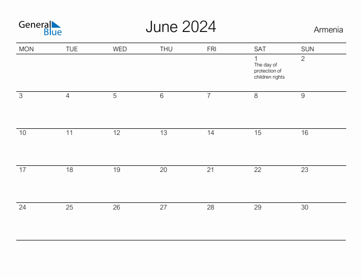 Printable June 2024 Calendar for Armenia