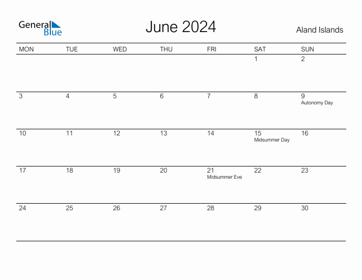 Printable June 2024 Calendar for Aland Islands