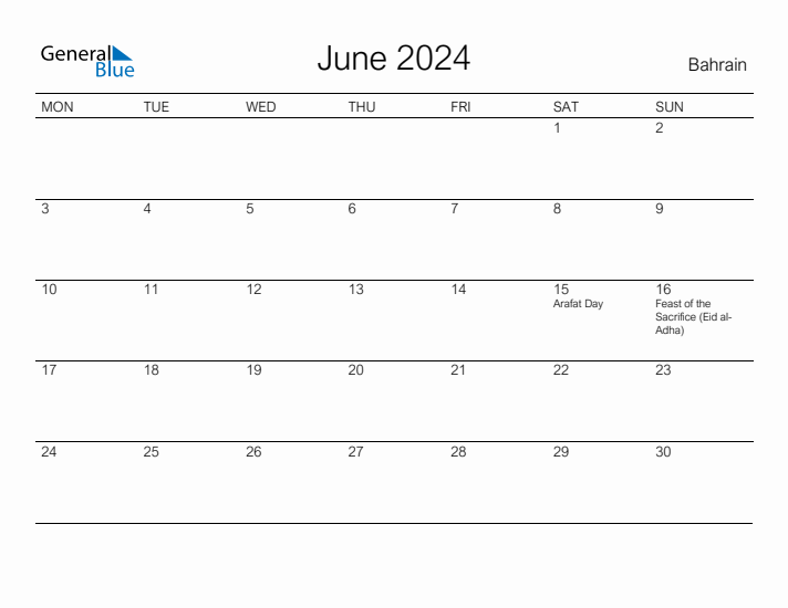 Printable June 2024 Calendar for Bahrain