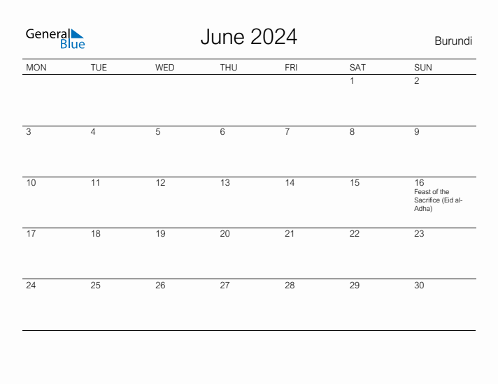 Printable June 2024 Calendar for Burundi