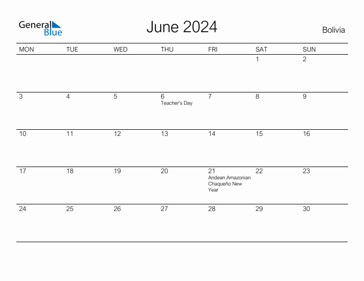 Printable June 2024 Calendar for Bolivia