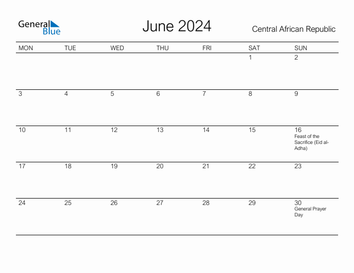 Printable June 2024 Calendar for Central African Republic
