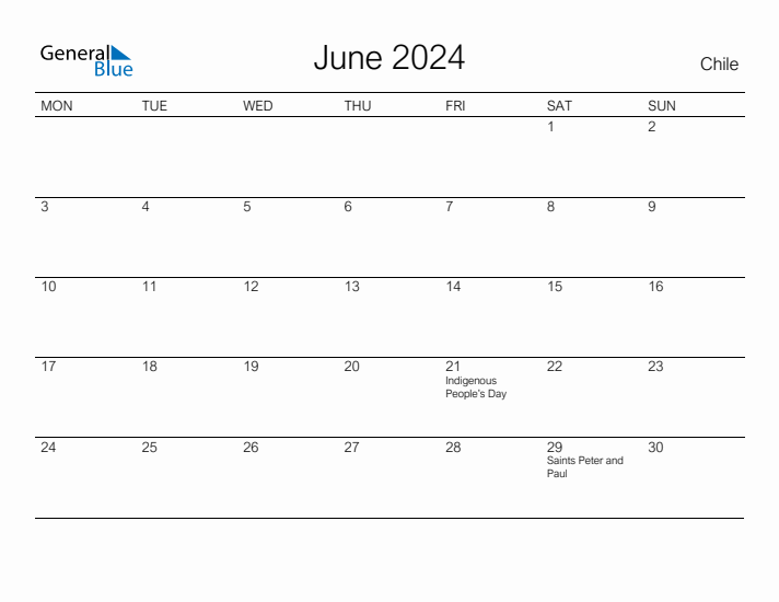 Printable June 2024 Calendar for Chile