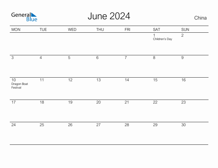 Printable June 2024 Calendar for China