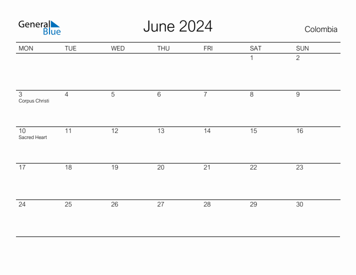 Printable June 2024 Calendar for Colombia