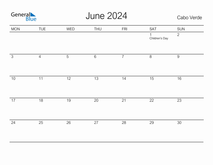 Printable June 2024 Calendar for Cabo Verde