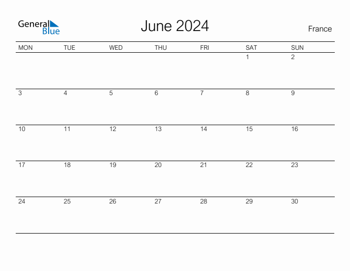 June 2024 France Monthly Calendar with Holidays