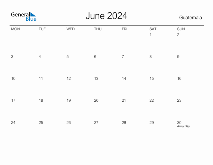Printable June 2024 Calendar for Guatemala