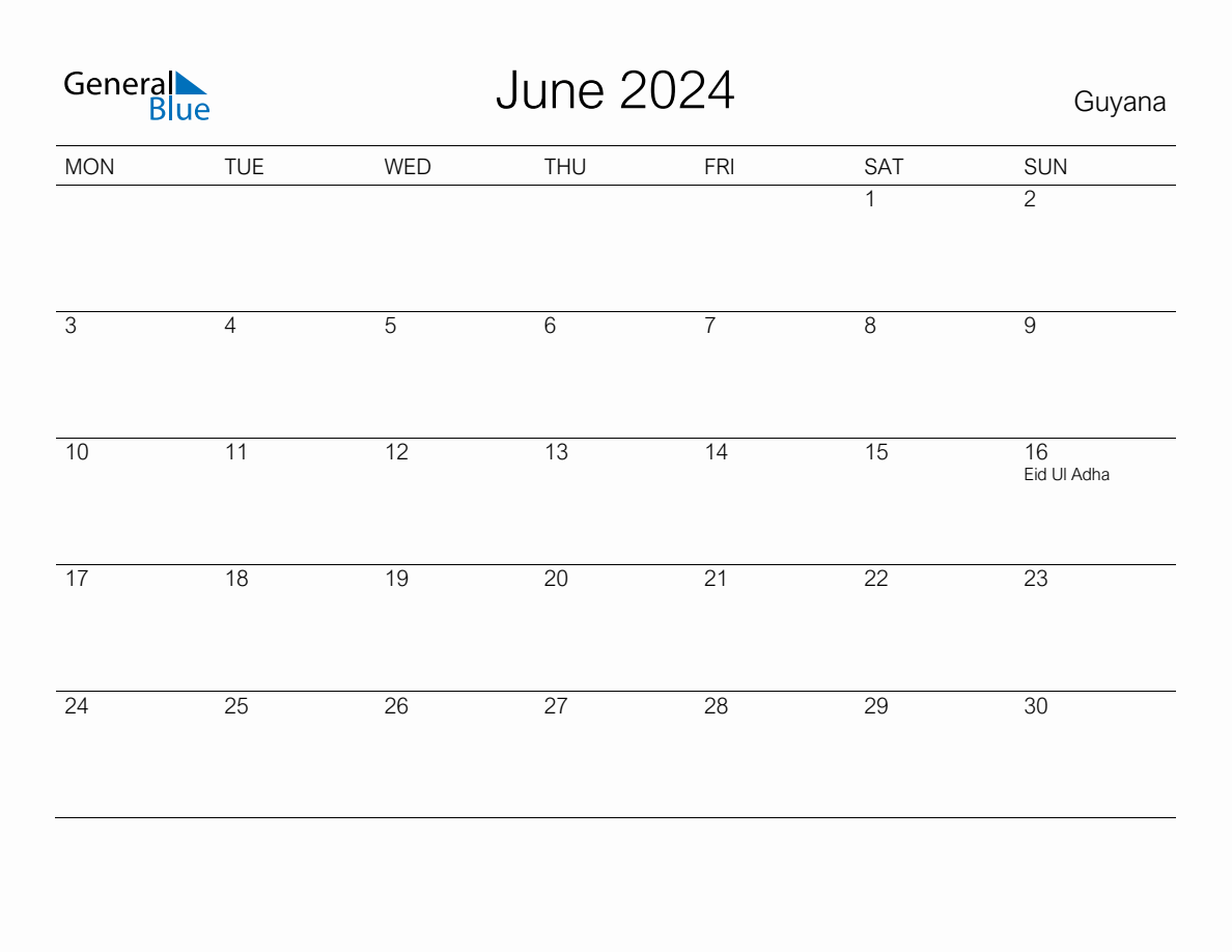 Printable June 2024 Monthly Calendar with Holidays for Guyana