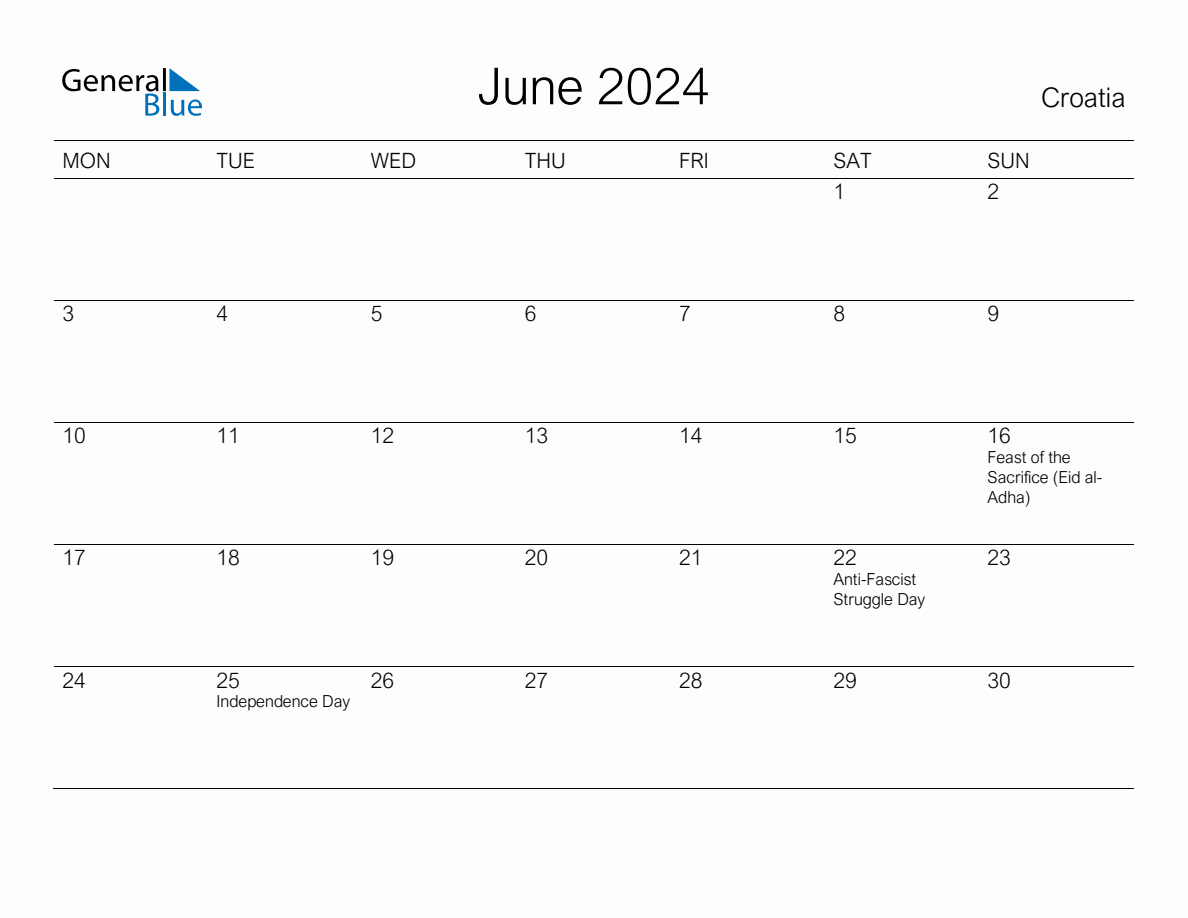 Printable June 2024 Monthly Calendar with Holidays for Croatia