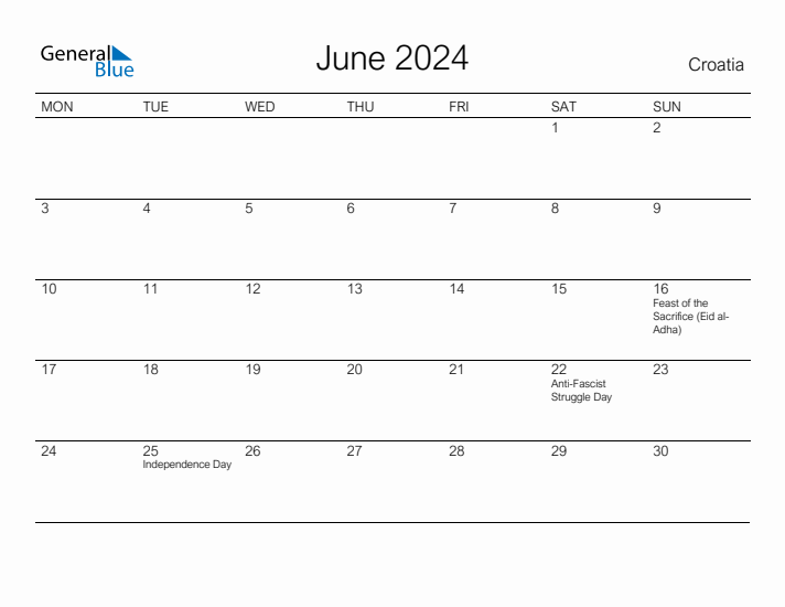 Printable June 2024 Calendar for Croatia