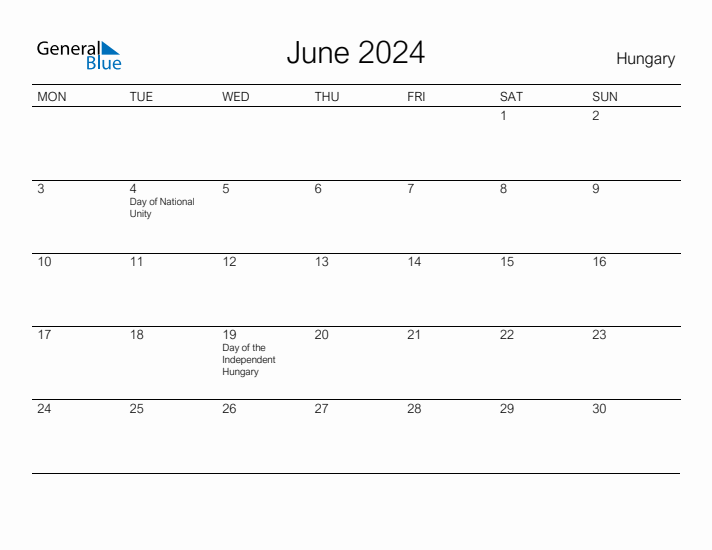 Printable June 2024 Calendar for Hungary