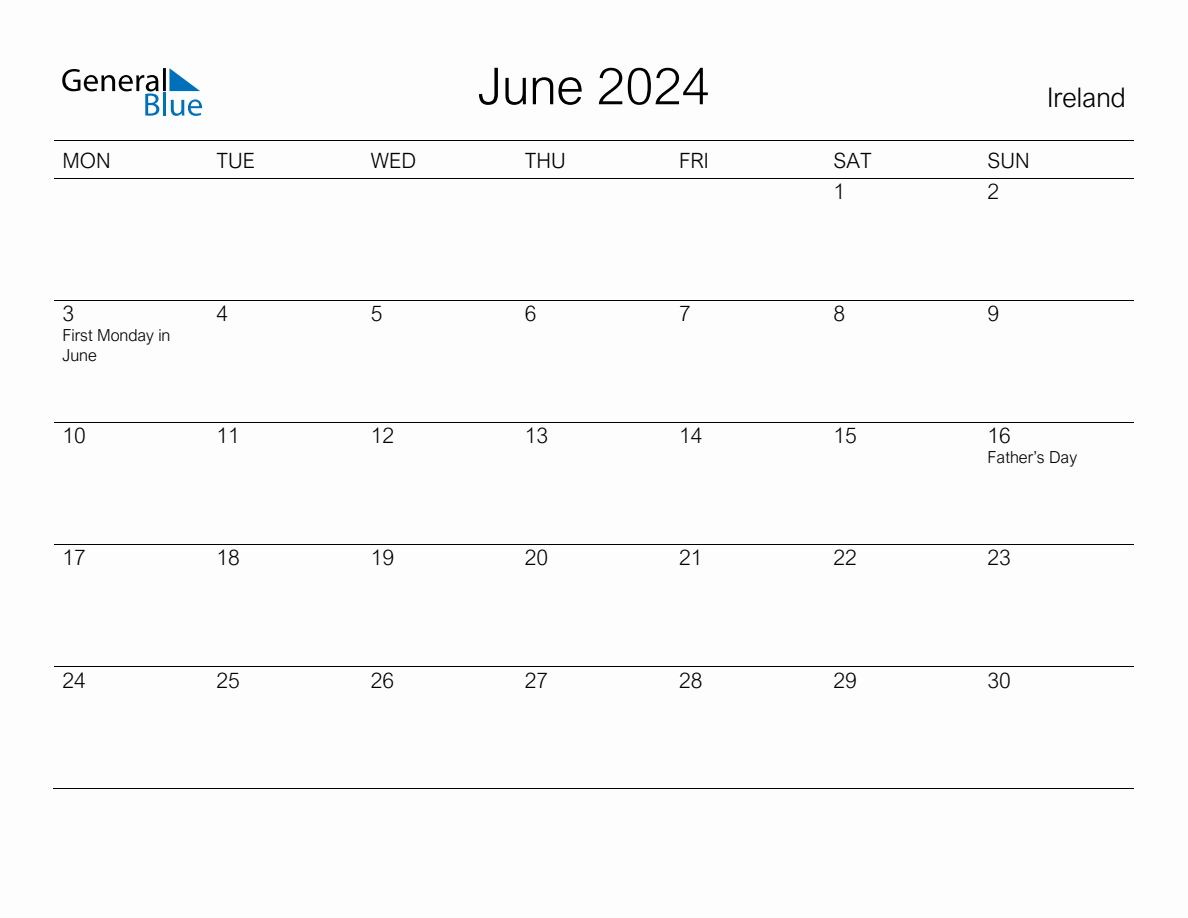 Printable June 2024 Monthly Calendar with Holidays for Ireland