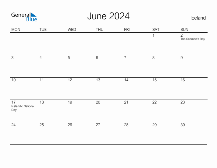 Printable June 2024 Calendar for Iceland