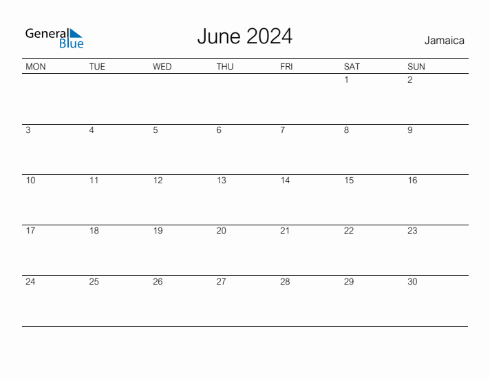 Printable June 2024 Monthly Calendar with Holidays for Jamaica
