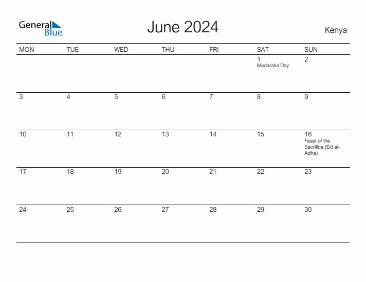 Printable June 2024 Calendar for Kenya