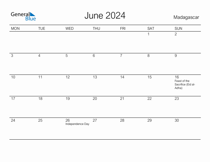 Printable June 2024 Calendar for Madagascar