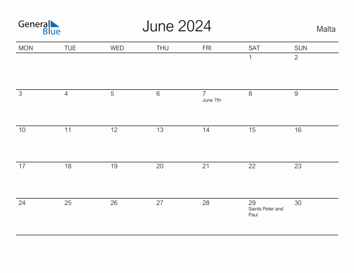 Printable June 2024 Calendar for Malta