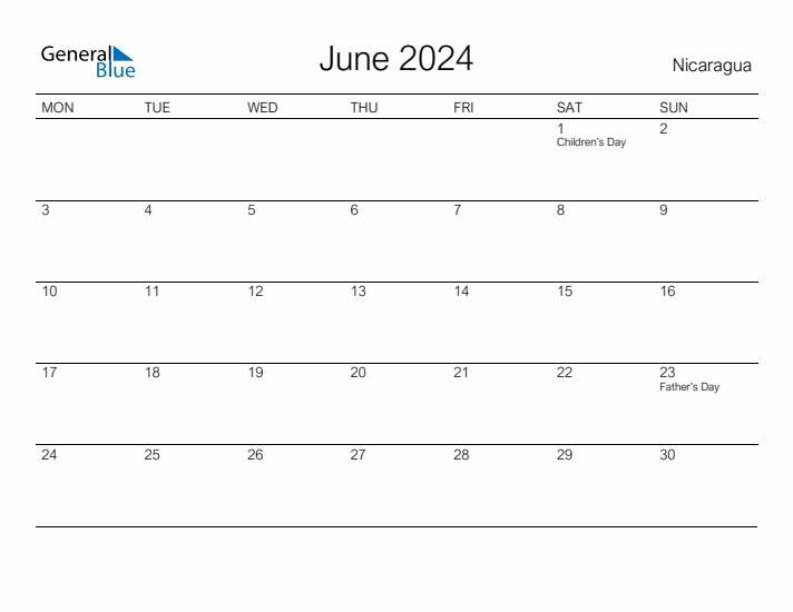 Printable June 2024 Calendar for Nicaragua
